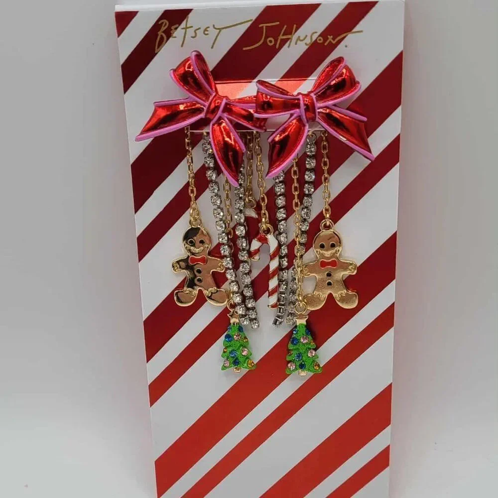 Betsey Johnson Red Bow Ginger Bread Man Tree Crystal Charm Earrings NWT!  NEW!
